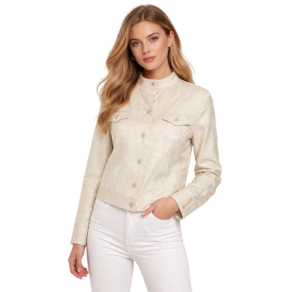 Bill Blass‎ Vintage Women Cream Jacquard Button Up Collar Jacket Size M